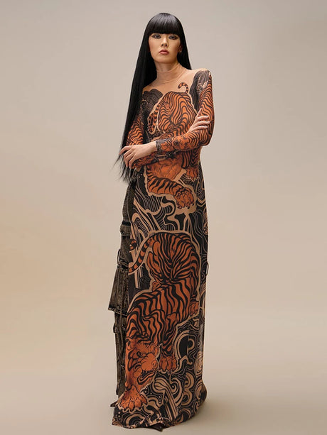 Tiger Print Mesh Dress Long Top Waist High Splits High Elasticity