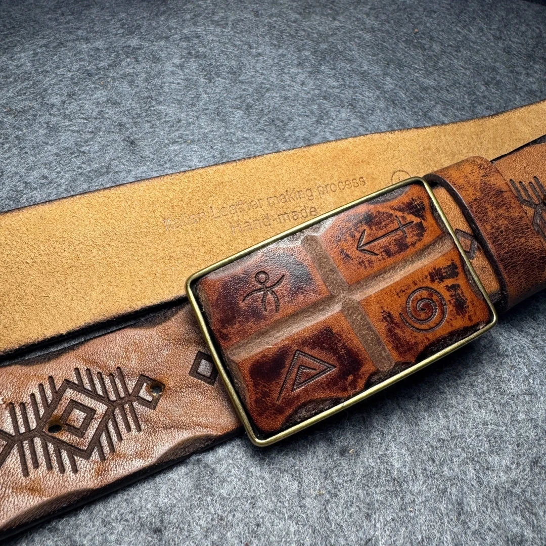 Norse Viking Runes Genuine Leather Men's Belt Pure Copper Buckle