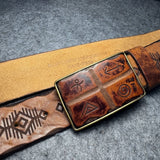 Norse Viking Runes Genuine Leather Men's Belt Pure Copper Buckle