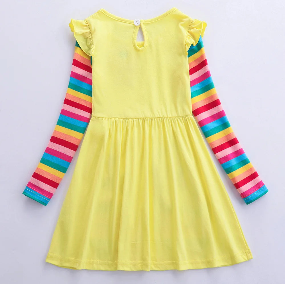 Girls' Long Sleeve Unicorn Dress Two Pockets Rainbow Sleeves
