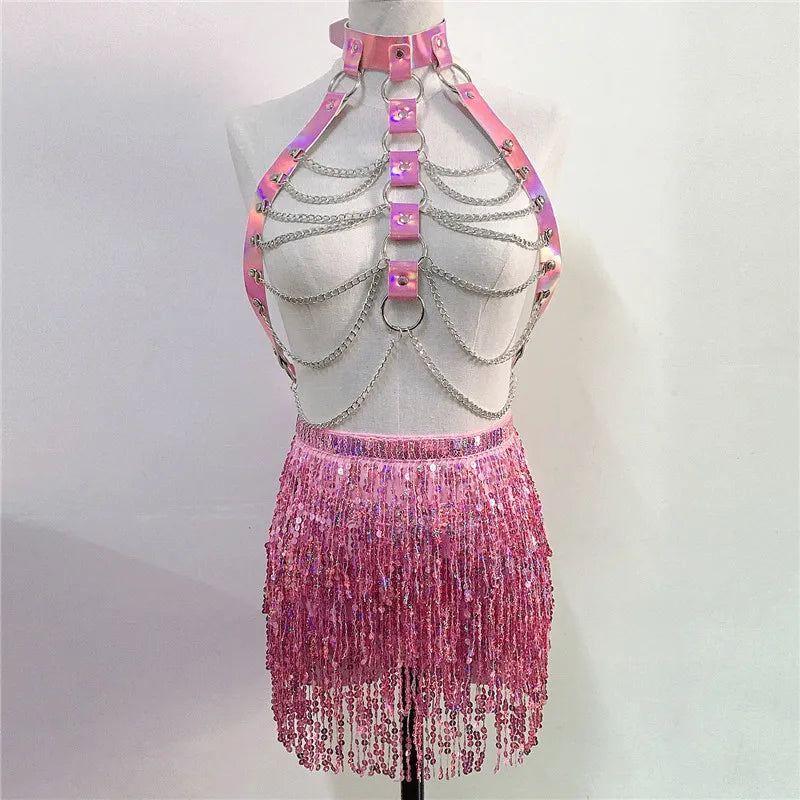 PU Leather Harness 2 Piece Set Metal Chest Chain With Tassel Sequins Mini Skirt Festival Party Club Outfits