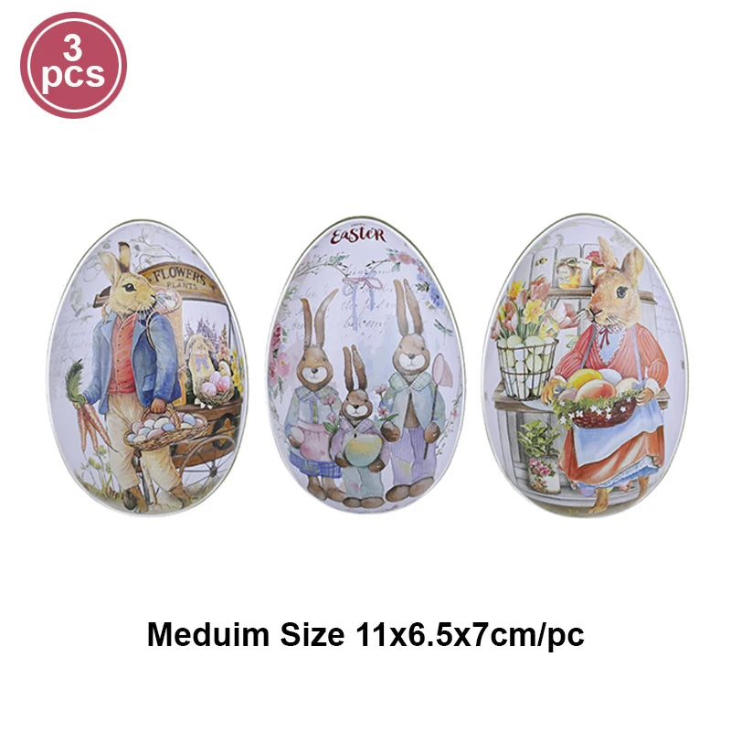 3 or 6 Large Medium Small Easter Eggs Bunny Pattern Metal Egg Shaped Candy Gift Box Easter Decoration