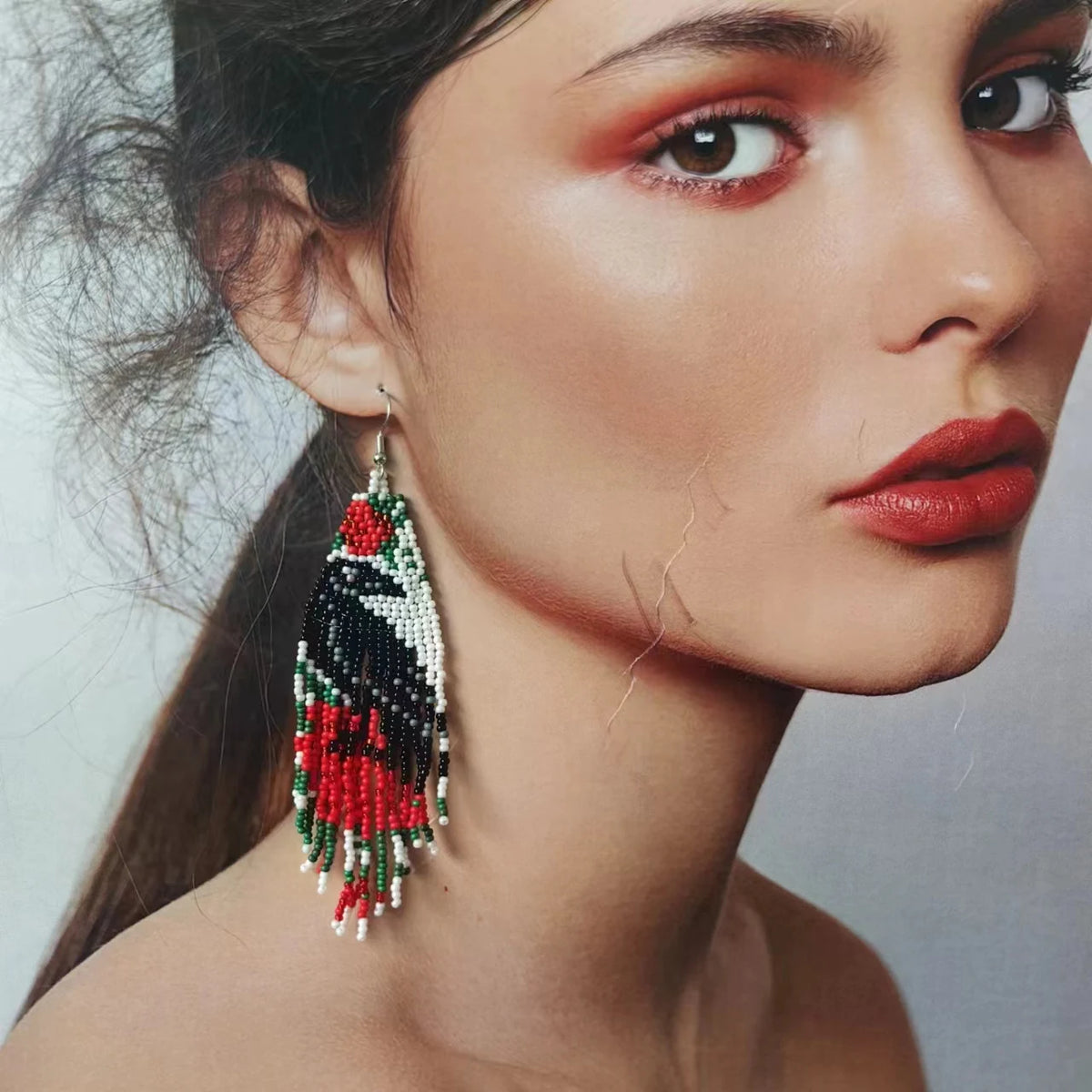 Crow and Rose Tassel Bead Earrings
