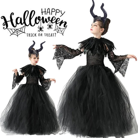Girls Maleficent Black Tutu Halloween Costume with Feather Shawl