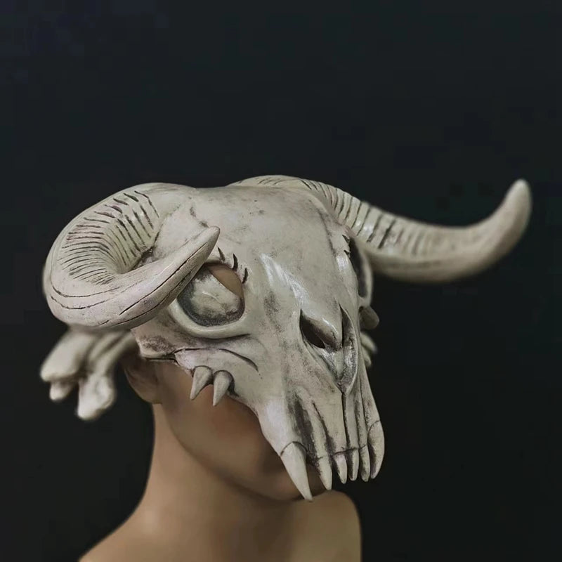 Bull Head Skull Mask Long Horn Totem Helmet Headwear Cosplay Costumes Props Latex Masks