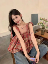 Mushroom Green Plaid Ruffle Top Y2k Goblincore