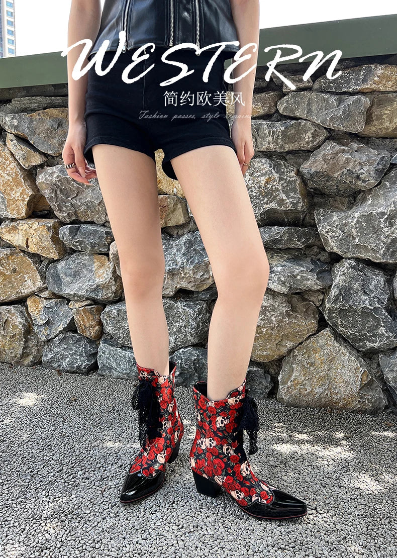 Skull Flower Lace Laces Ankle Boots
