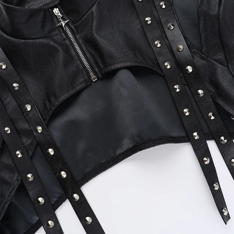 Women's Punk Crop Jacket PU Leather Cosplay Jacket Rivet Strap Gothic Streetwear Top