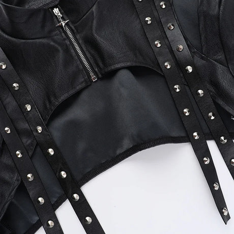 Women's Punk Crop Jacket PU Leather Cosplay Jacket Rivet Strap Gothic Streetwear Top