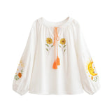 Sweet As Sunshine Vintage Sun and Floral Embroidered Linen Cotton Shirts Boho Tassel Blouse