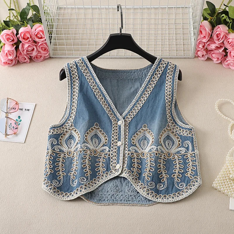 Mardi's Boho Denim Floral Embroidery Vest Top