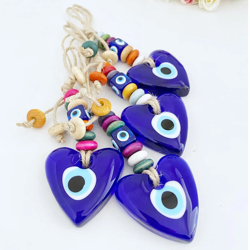 Protection Charm Turkish Evil Eye Hamsa Glass Heart Shape Wall Hanging Keychain