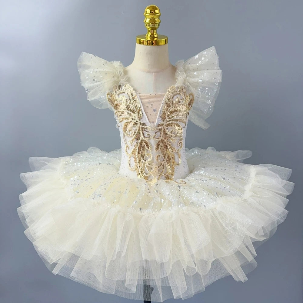 Fairy Tale Princess Gold Sequin Ballet Long and Short Tutu Dresses Dance Performance Wear