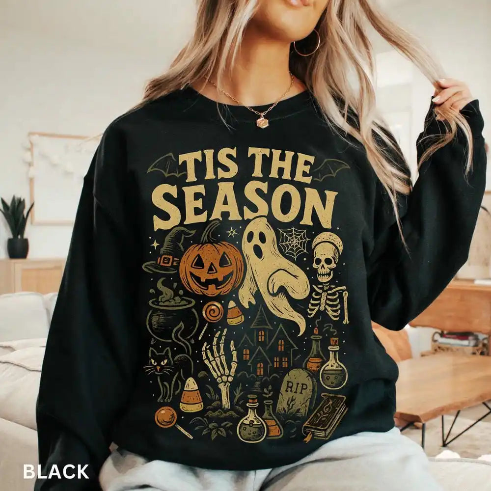 Halloween Sweatshirt Tis' the Season Pumpkin Ghost Fleece Sweater Pullover Jumper