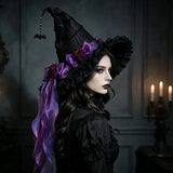 Gothic Witch's Hat Black Ruffled Lace Rose Bow Ribbon Halloween Party Cosplay Costume Props Decor