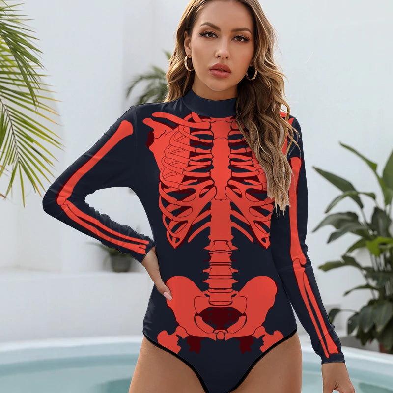 Skeleton Printed Long Sleeve Swimwear One-piece Surfing Swimsuit