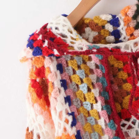 Granny Square Hand Crochet Mohair Hooded Long Cardigan