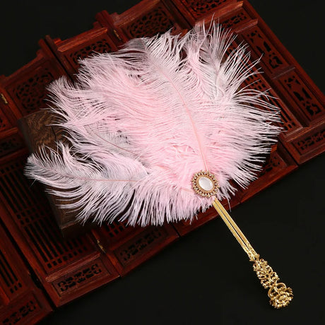 Ostrich Feather Fan Round Fan with Golden Hollow Handle Court Dance Hand Fans