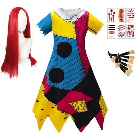 Children's Halloween Cosplay Nightmare Before Christmas Costumes Kids Girls Sally Dress Boys Skeleton Jack Clothing Set