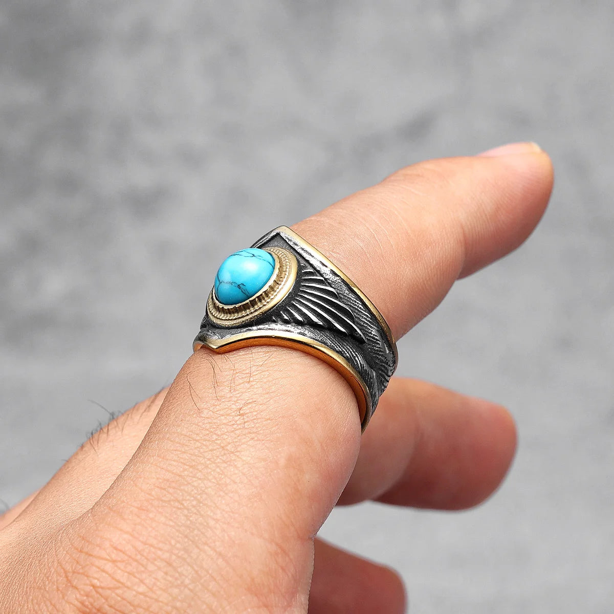 Large Turquoise Men Rings Stainless Steel