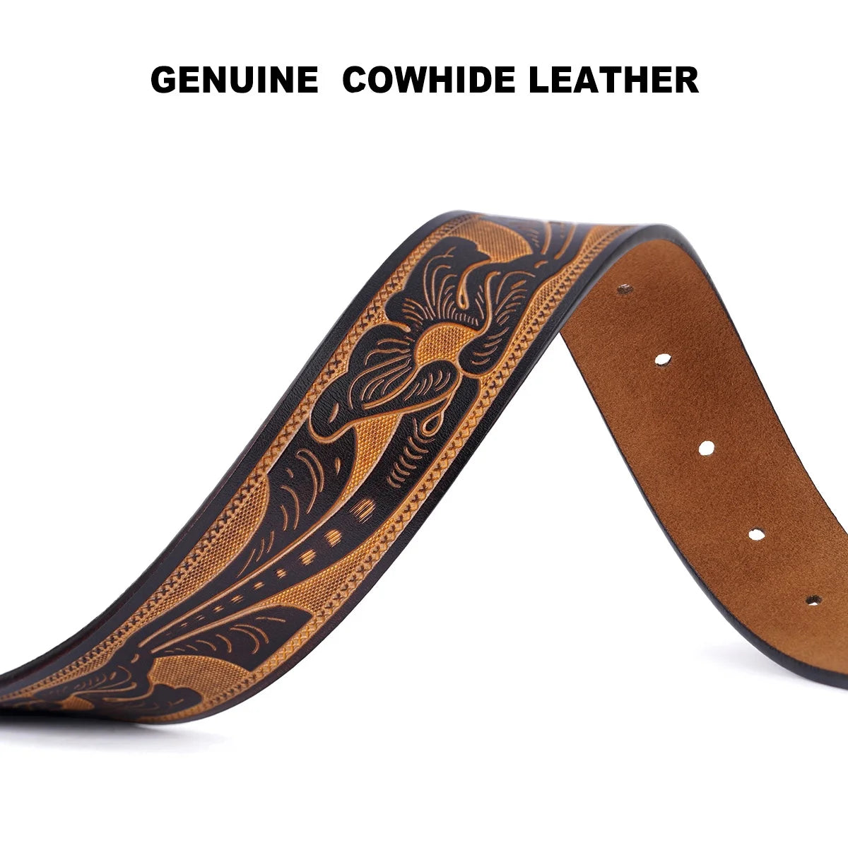 Genuine Leather Vintage Belt No Buckle Embossed Cowhide Strap Western Cowboy Belts