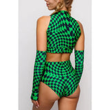 Roller Derby Performance Outfit Women High Neck Crop Set Rave Party Clubwear Printed Bodycon Set