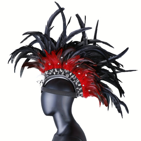 Gothic Punk Rock Skull Spider Mohawk Headband with Rhinestones Halloween Feathered Costume