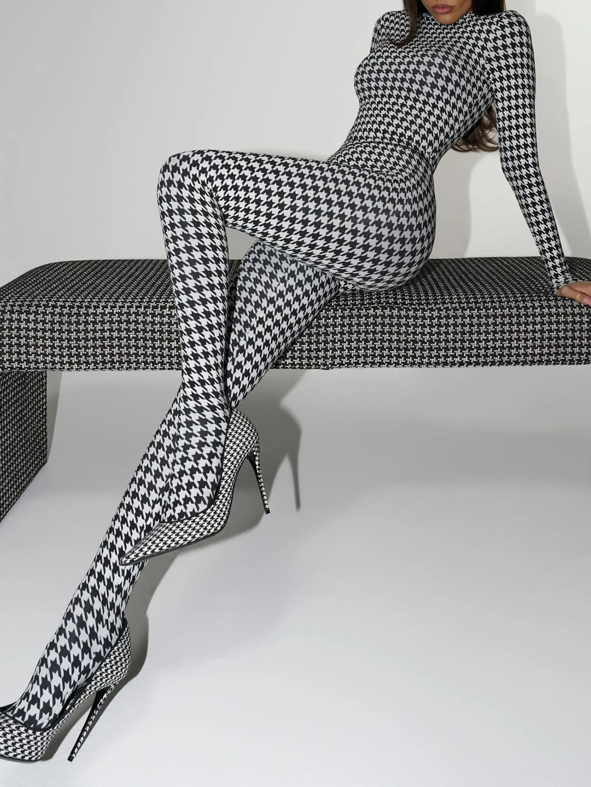 Women's Houndstooth Print High Neck Long Sleeved Top High Waist Slim Fit Jumpsuit Mid Century
