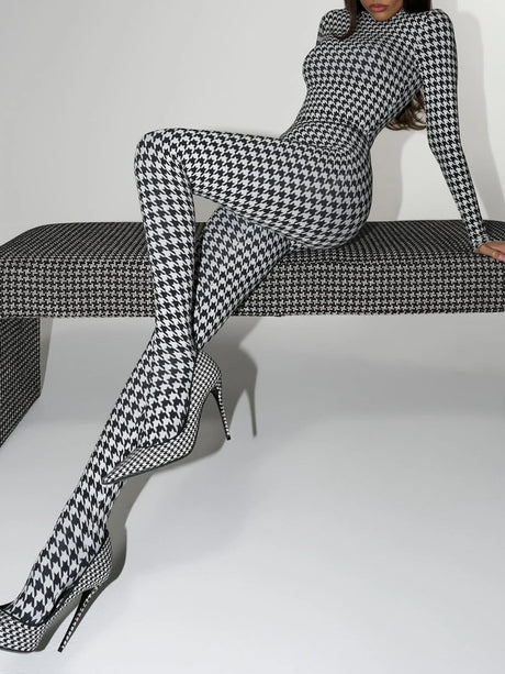 Women's Houndstooth Print High Neck Long Sleeved Top High Waist Slim Fit Jumpsuit Mid Century