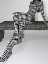 Women's Houndstooth Print High Neck Long Sleeved Top High Waist Slim Fit Jumpsuit Mid Century