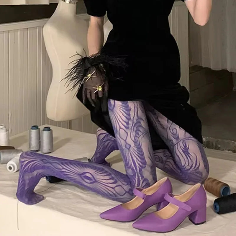 Purple Punk Stockings Eye Rose Lace Spider Web Pantyhose