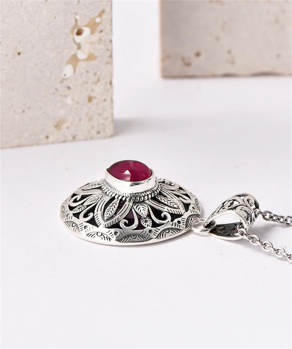The Eye of the Wise S925 Sterling Silver Pendants Ancient Pattern Red Corundum