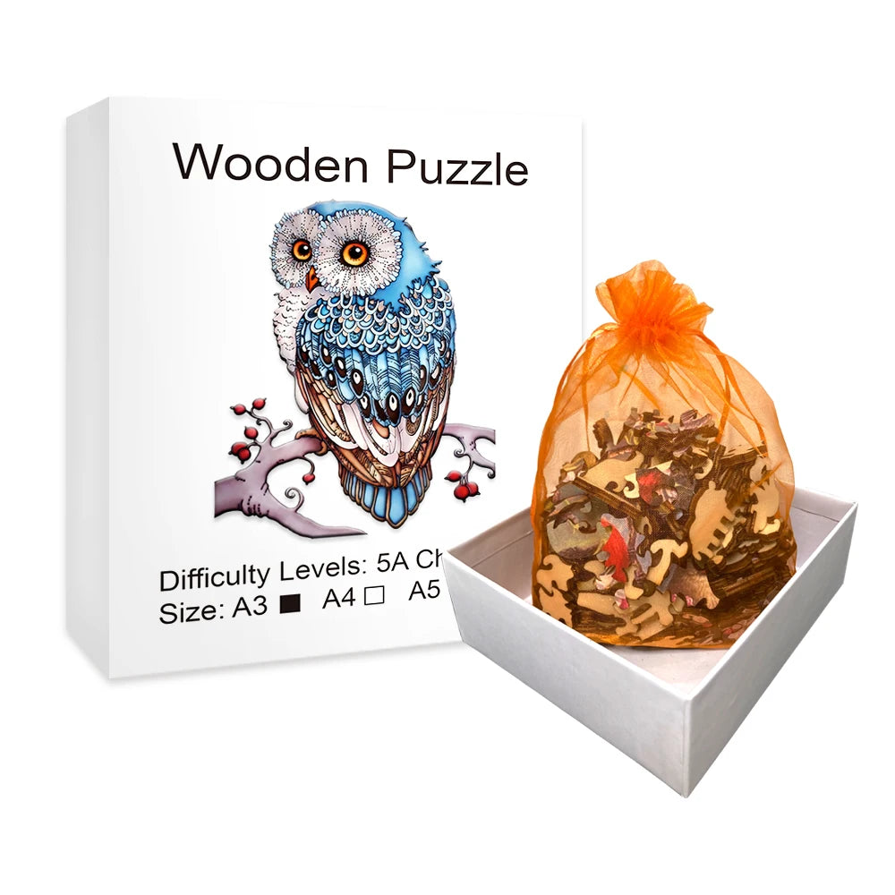Blue Owl Wooden Jigsaw Puzzles Irregular Animal Shaped Pieces