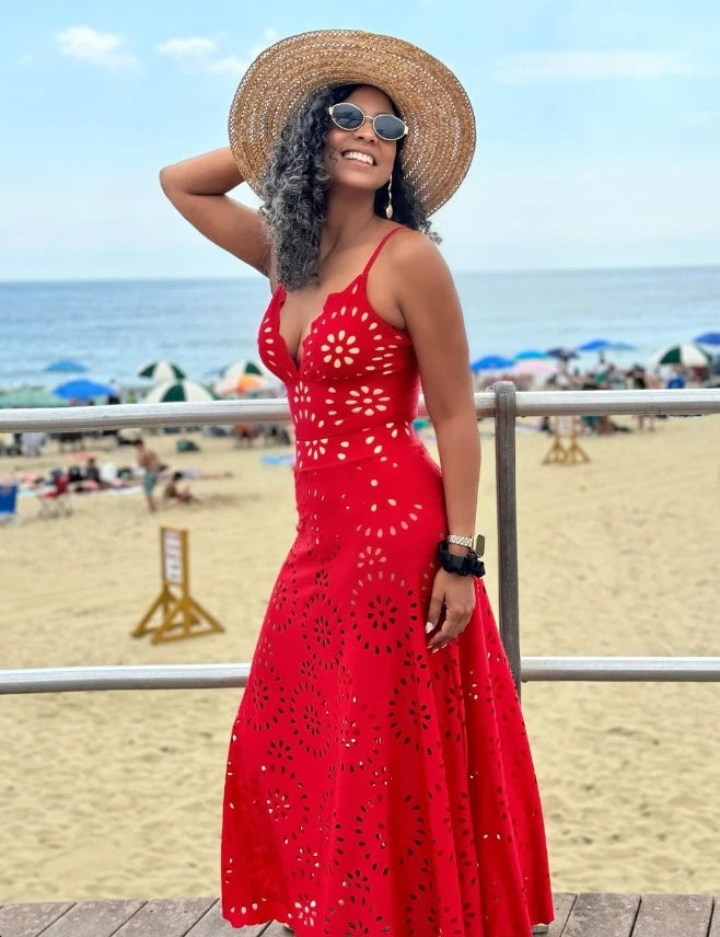 Red Flower Hollow Lace Swimsuit Skirt Resort Wear