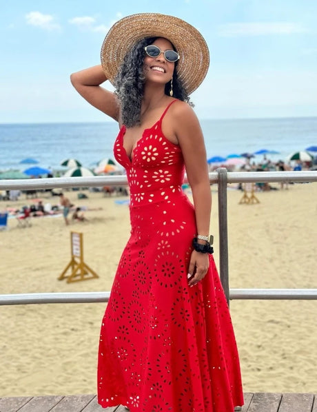 Red Flower Hollow Lace Swimsuit Skirt Resort Wear