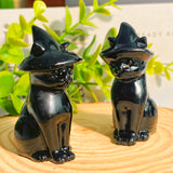 Obsidian Witch's Black Cat Natural Crystal Carving Halloween Decor
