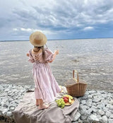 Girls Cotton and Hemp Bubble Sleeve Princess Dress