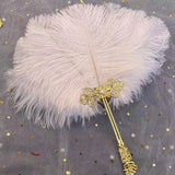 Ostrich Feather Fan Round Fan with Golden Hollow Handle Court Dance Hand Fans
