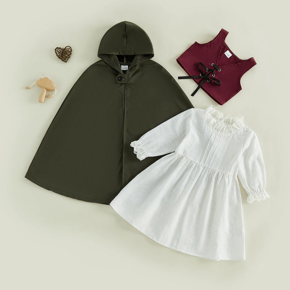 Medieval Woodland Kids Girls Costume Long Sleeve Lace Trim Dress with Vest Cloak Cosplay Outfit Set