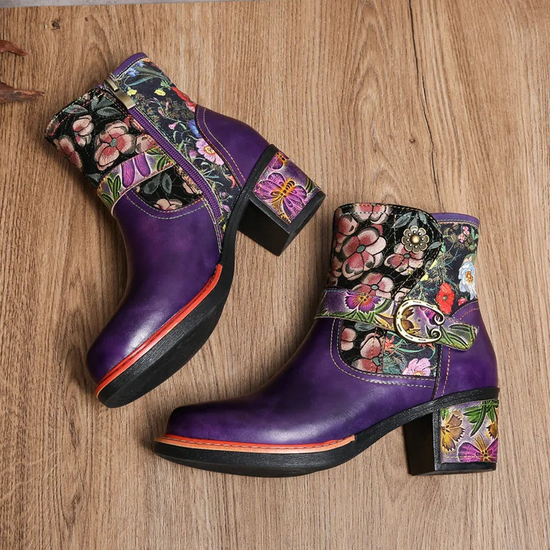 Violet's Floral Boots Genuine Leather Hand-painted Short Boots