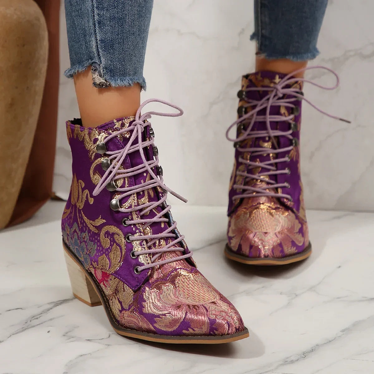 Purple and Golden Marie Antoinette Handmade Embroidered Ankle Boots