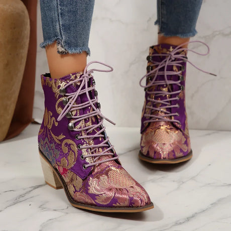 Purple and Golden Marie Antoinette Handmade Embroidered Ankle Boots