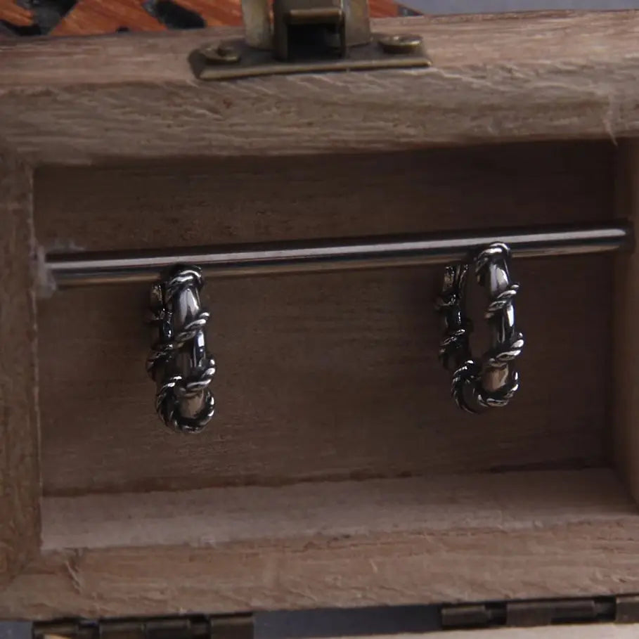 Twisted Rope Stainless Steel Huggie Hoop Earrings for Men with Wooden Box