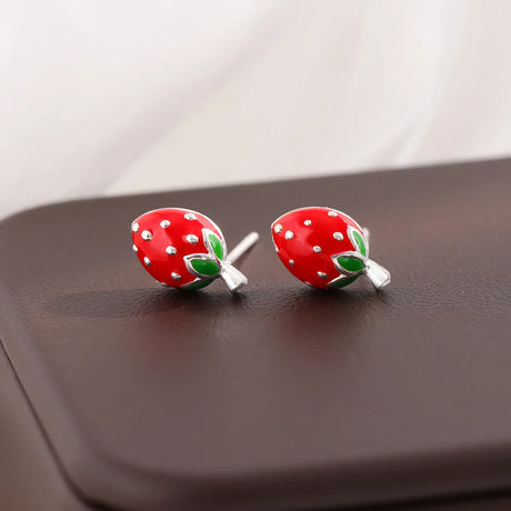 Bitty Enamel Strawberry Stud Earrings 925 Sterling Silver Jewellery