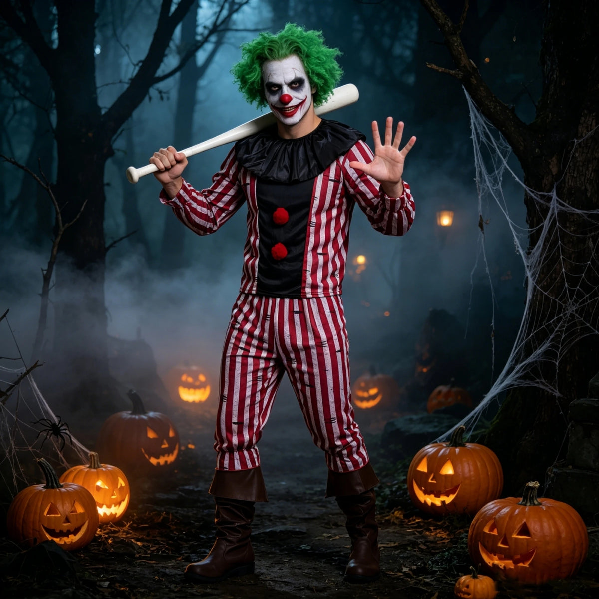 Men's Striped Clown Costume Vintage Circus Joker Cosplay Suits Long Sleeve Tops and Pants Set Halloween Carnivals Outfits