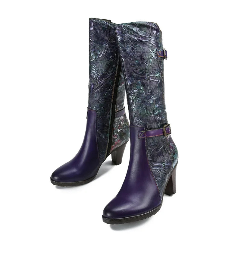 Purple Embossed Dragonfly Genuine Leather Long Boots