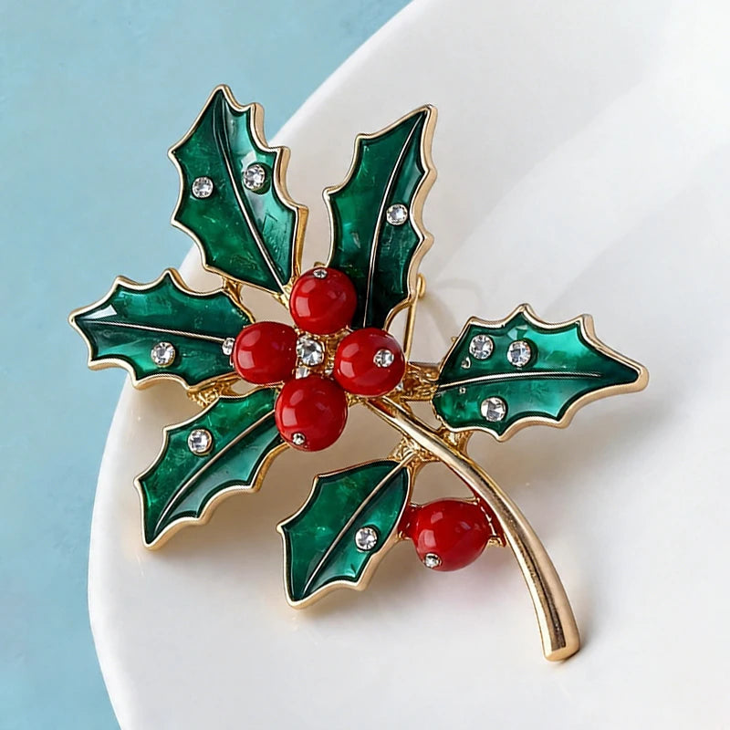 Holly December Birthday Flower Brooches Enamel Winter Brooch Pins Gifts