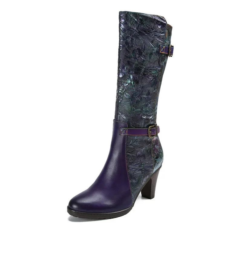 Purple Embossed Dragonfly Genuine Leather Long Boots