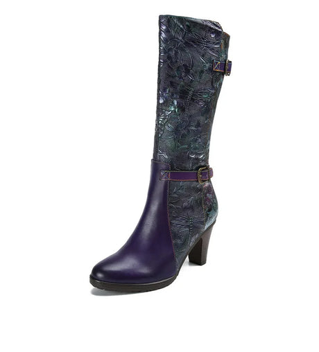 Purple Embossed Dragonfly Genuine Leather Long Boots