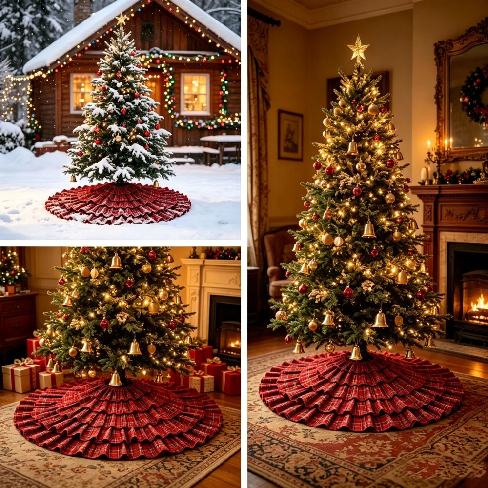 90cm Scottish Christmas Plaid Tree Skirt Ruffle Cake Style